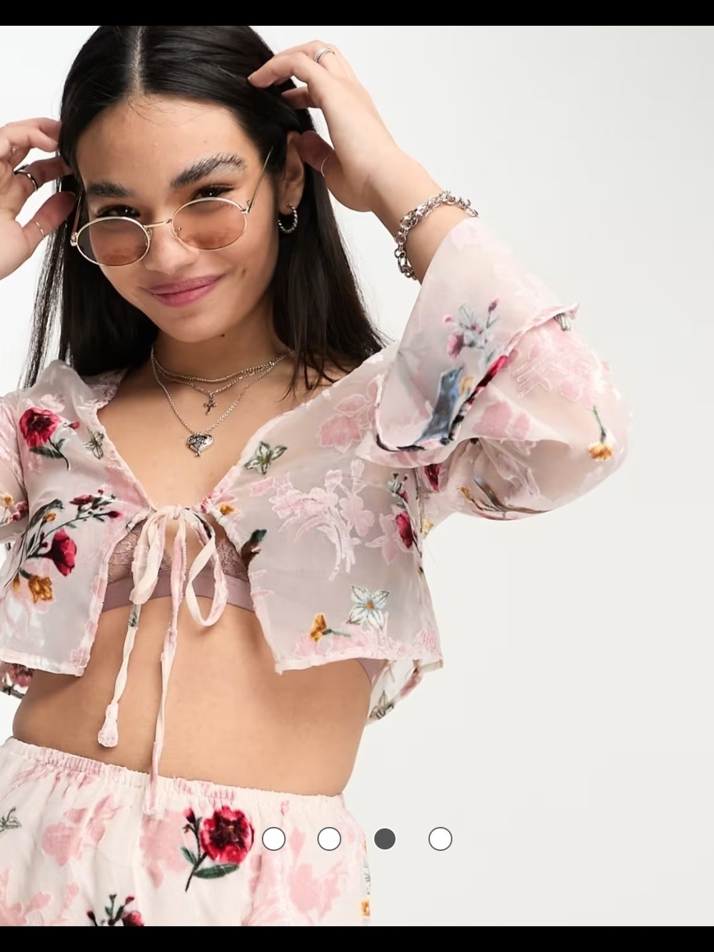 NWT Boho Sheer Floral Tie-Front Top in Light Pink